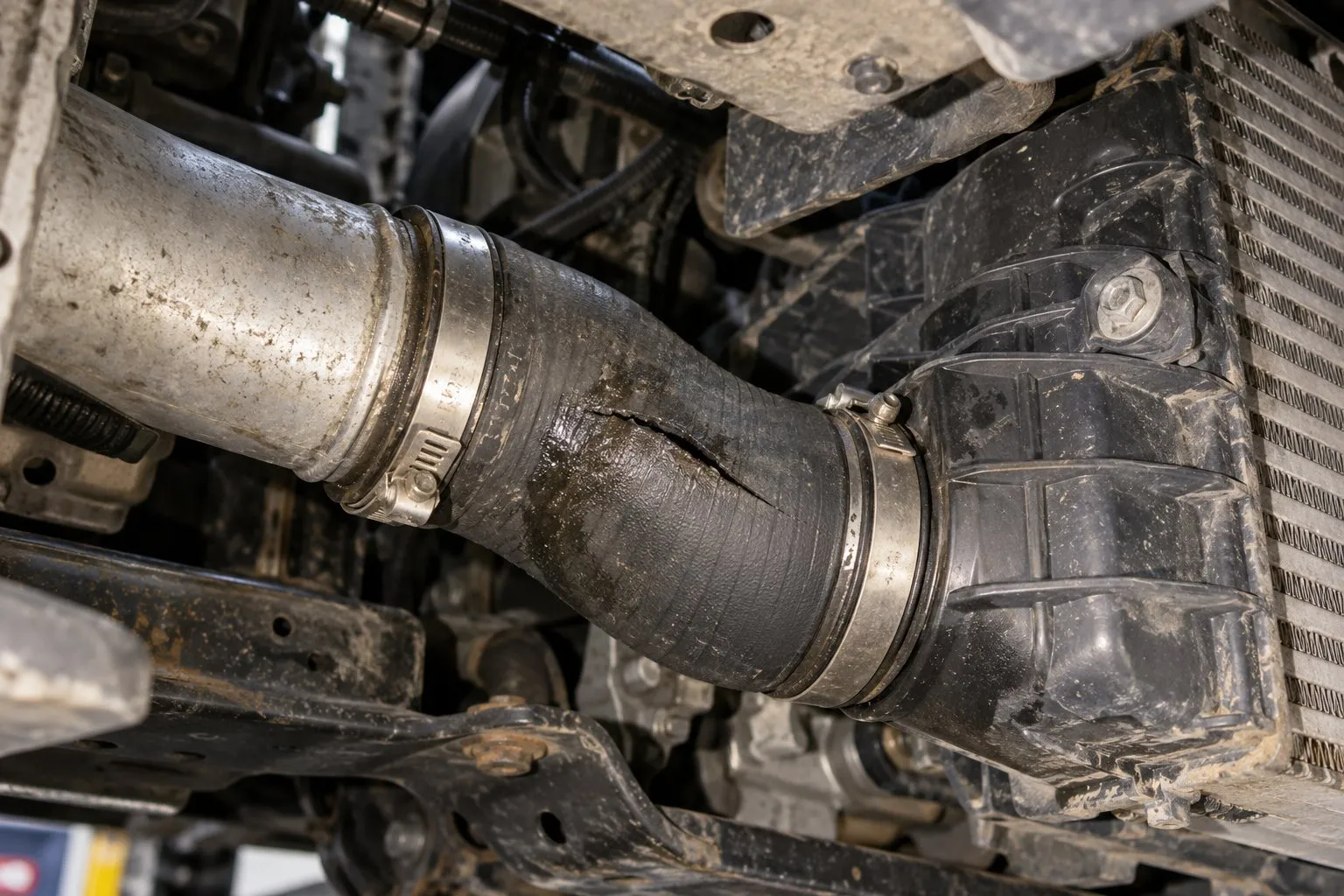 6.7L Cummins Low Power: Turbocharger vs Fuel System Diagnosis Guide 1 Split charge-air boot at the intercooler connection on a 2016 Ram 3500 6.7L Cummins