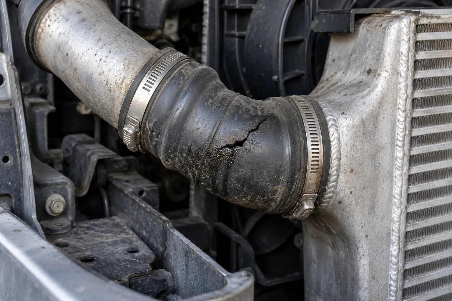 How to Replace Intercooler Boots and Pipes on a Diesel Truck 1 Split intercooler boot with oily residue around its clamp joint on a diesel truck