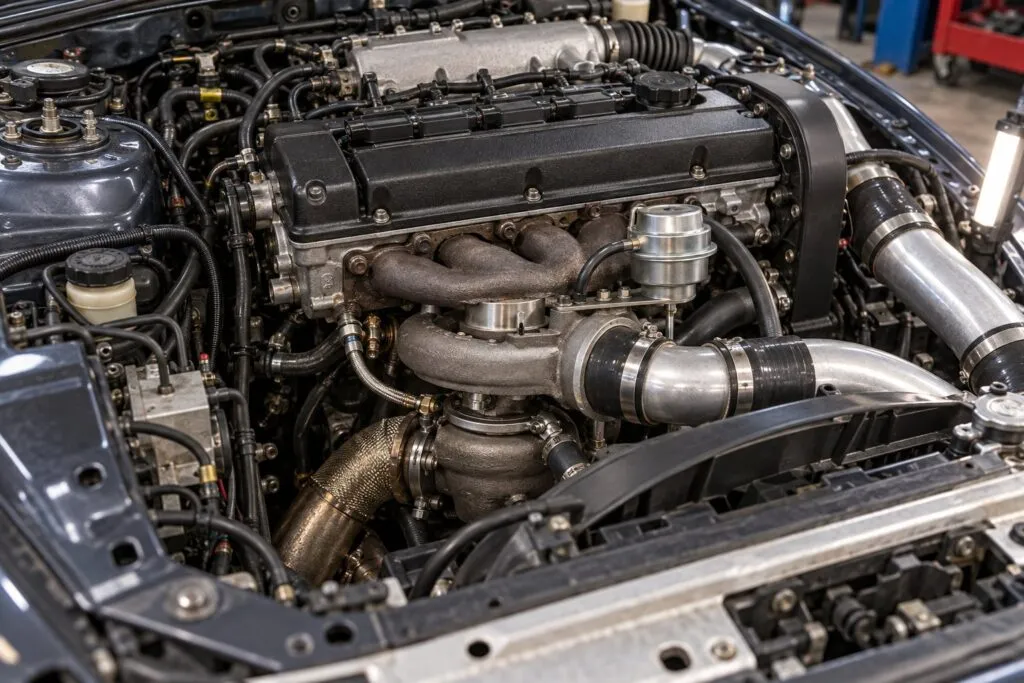 Mitsubishi TD06 Turbocharger: Marine, Industrial & Performance Applications 1 TD06-20G upgrade installed ahead of the transverse 4G63 engine in a Mitsubishi Eclipse GSX.