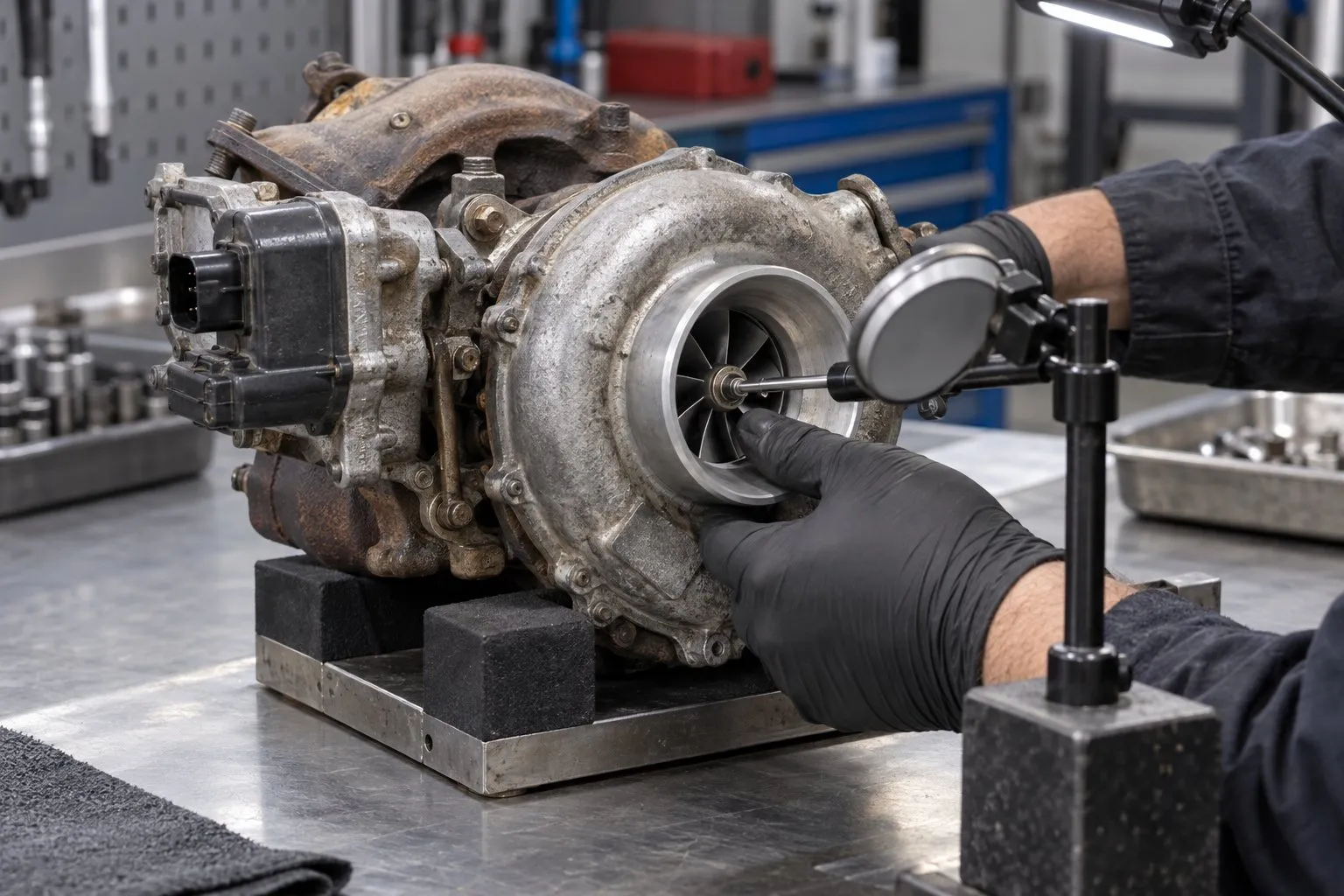 Land Rover TDV6 3.0L Turbocharger Guide: Discovery, Range Rover & Sport Applications 2 Technician checking shaft movement on a removed Discovery 4 GTB1749VK primary turbo