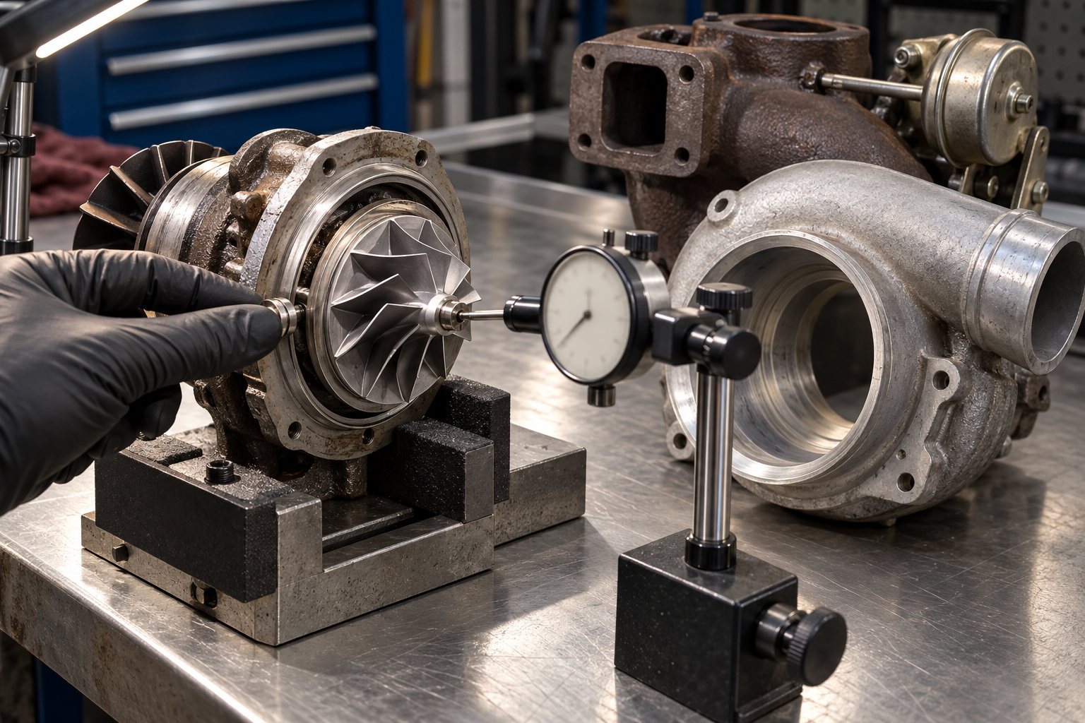 How Long Does a Turbocharger Rebuild Take? Realistic Timelines Explained 3 Technician checks axial shaft movement on an HX35W using a dial indicator during teardown