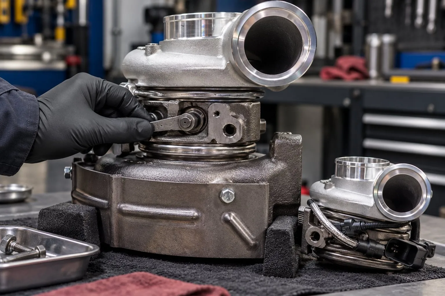 Holset HE341VE Turbocharger: 5.9L Cummins Application, Specs & Replacement Guide 4 Technician checks the exposed HE341VE geometry linkage with its electronic actuator removed.