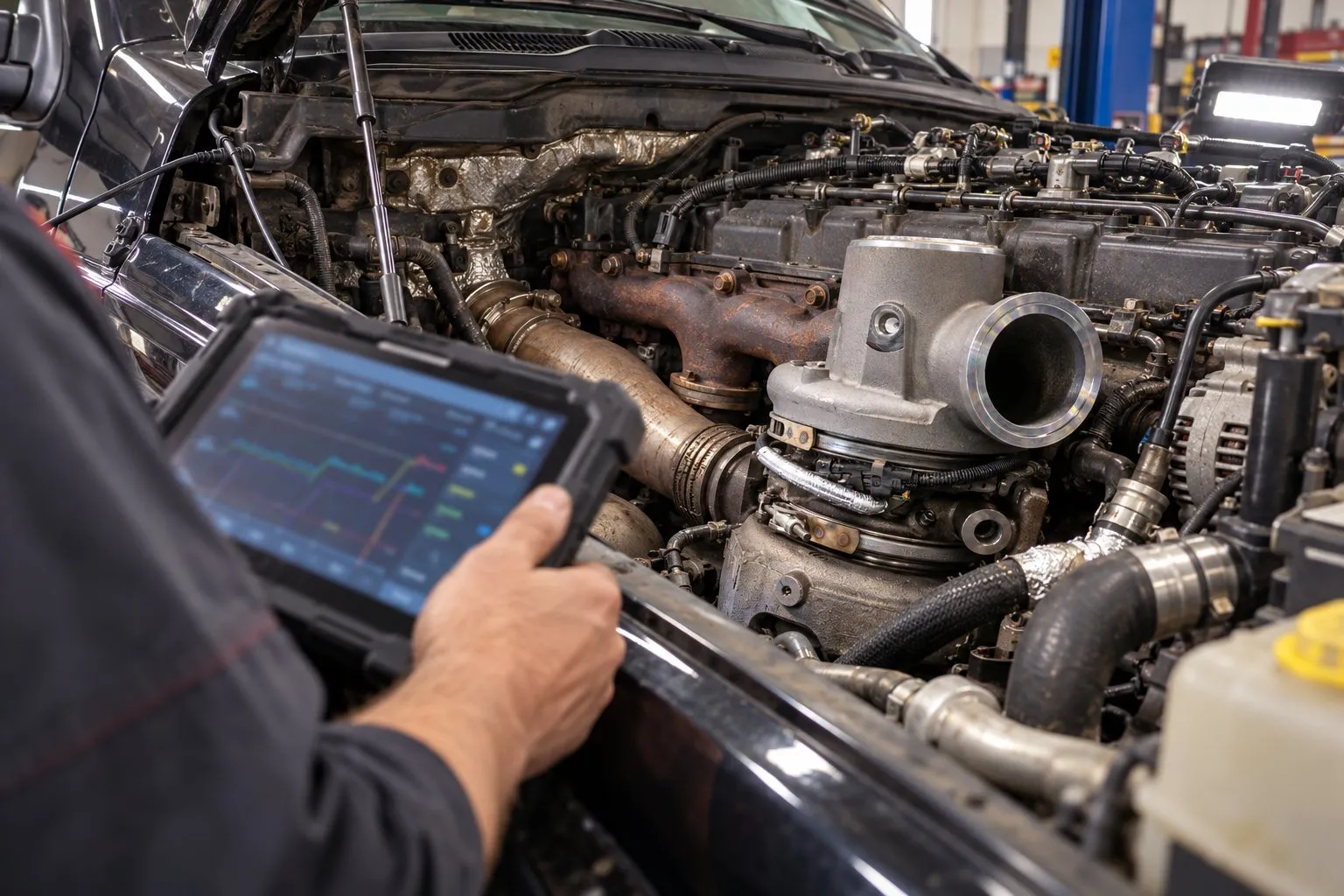 P003A Turbocharger Boost Control Code: Diagnosis Guide for Cummins & Duramax 1 Technician commands an installed HE351VE actuator with a bidirectional scan tool on a Ram Cummins