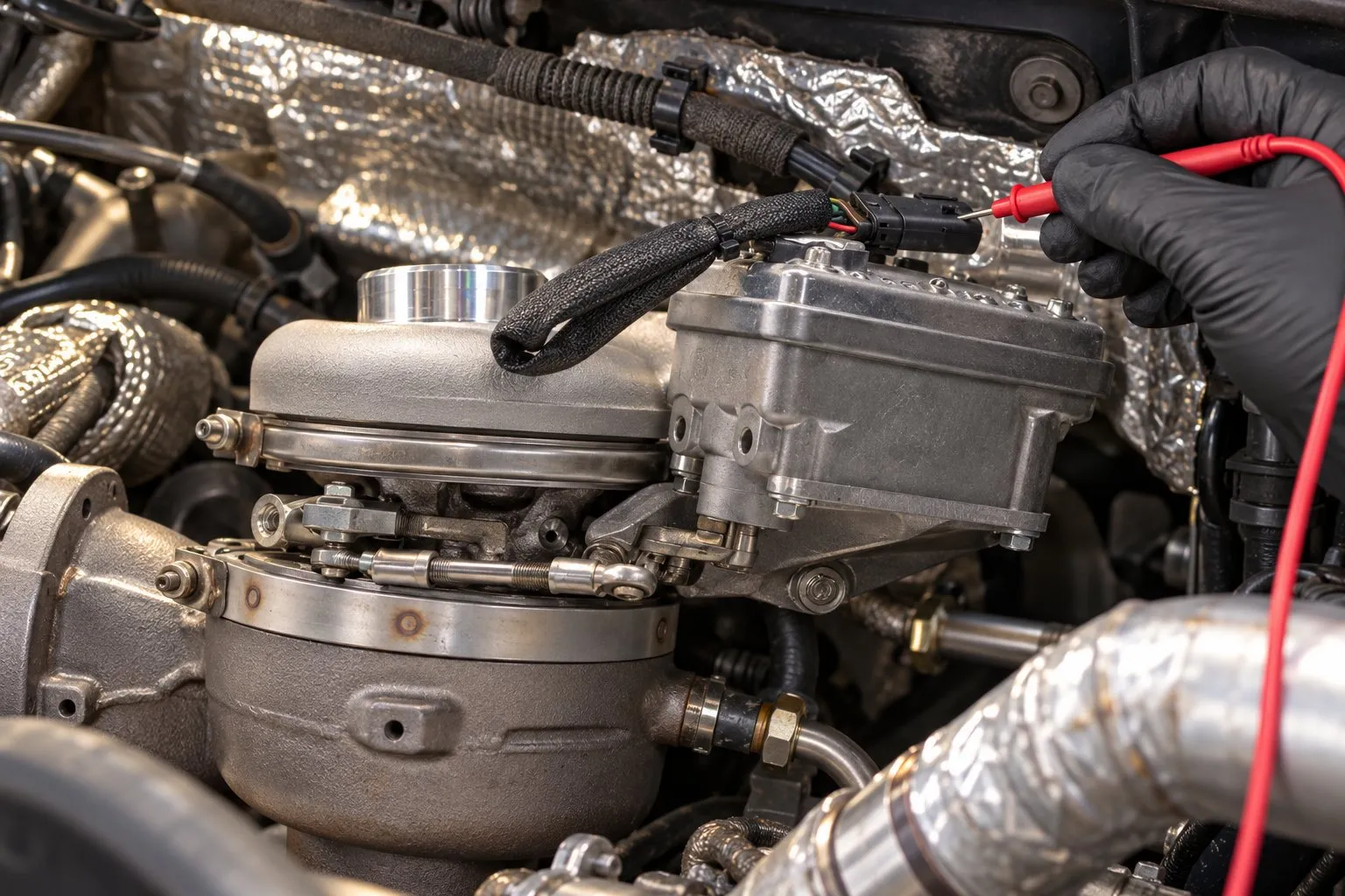 P132B on 6.4L Powerstroke: High-Pressure Turbo Actuator Failure Guide 2 Technician inspecting the 6.4L high-pressure turbo actuator connector with an electrical test lead