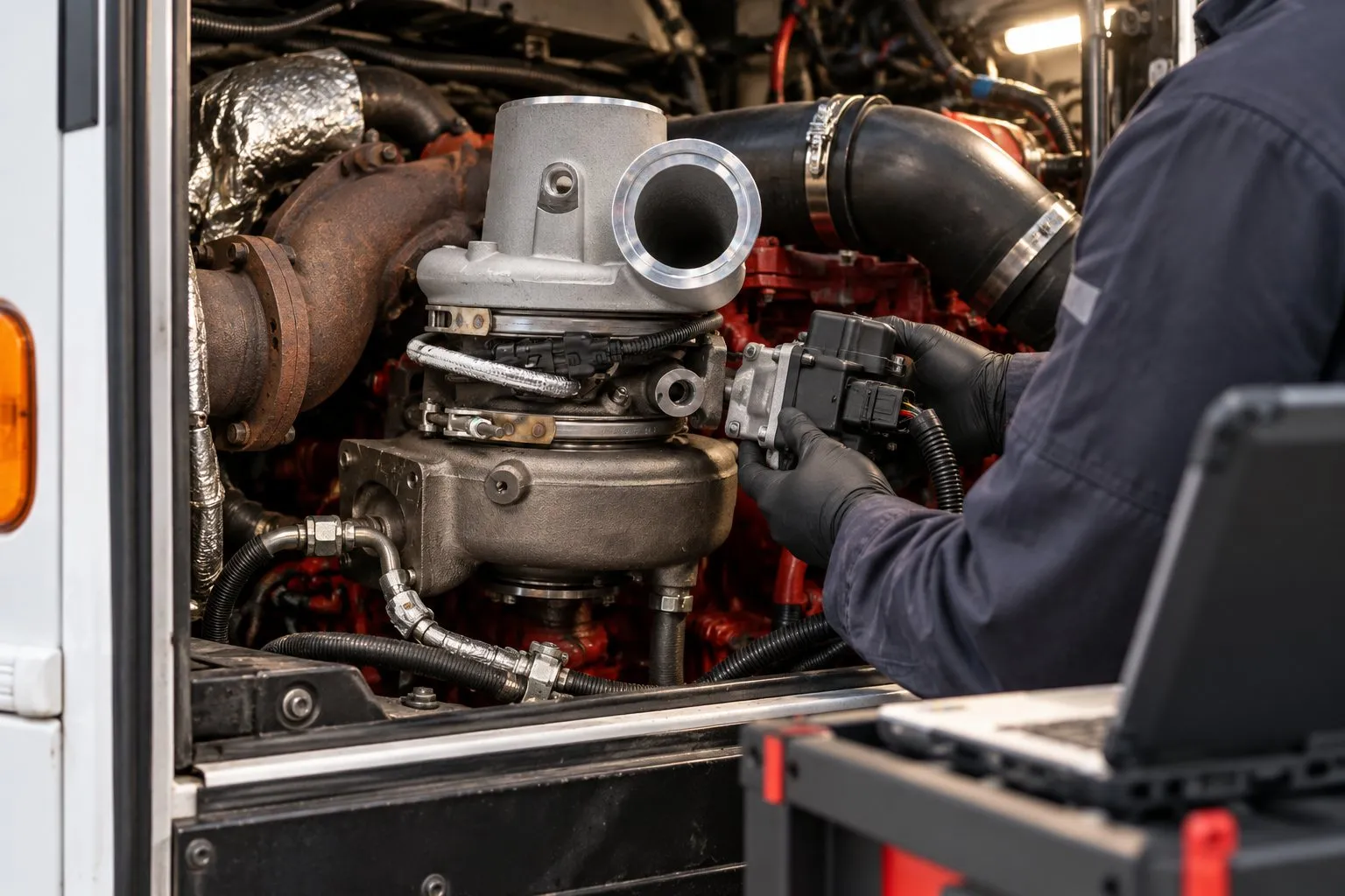 Transit Bus Turbocharger Guide: Cummins & Detroit Applications 2 Technician preparing a connected replacement actuator beside an installed Cummins ISB HE351VE turbo