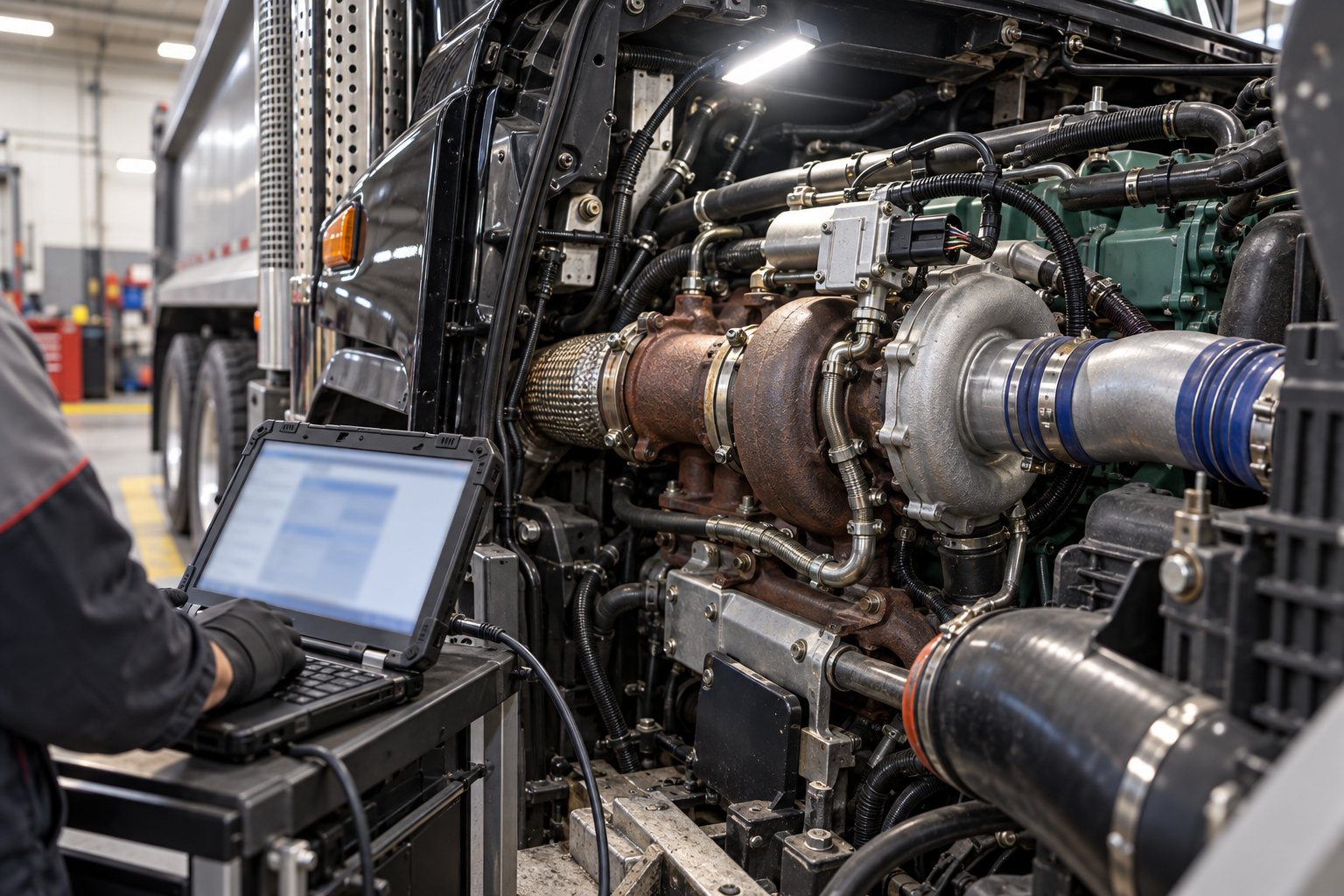 Mack Granite Turbocharger Guide: MP7 & MP8 Vocational Applications 2 Technician using a diagnostic laptop during actuator calibration on a Granite MP8 turbo
