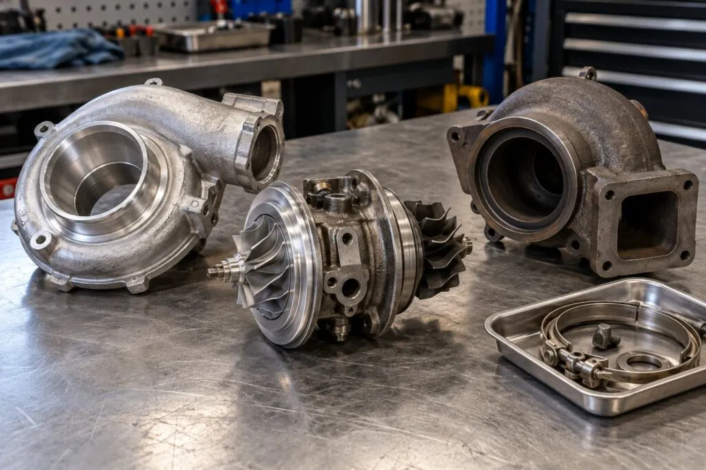 BorgWarner B2 CHRA: What It Fits and When to Replace vs Full Turbo 9 Turbo cartridge beside its removed compressor and turbine housings during a replacement assessment