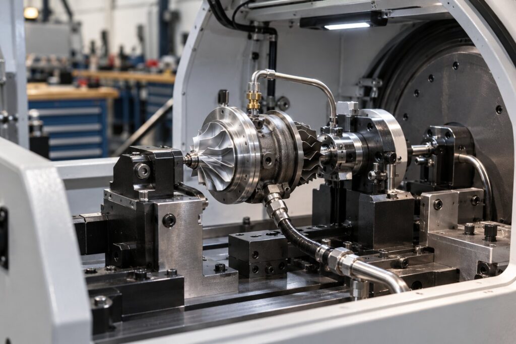 Turbocharger CHRA mounted inside an oil-fed VSR balancing machine with its protective enclosure open