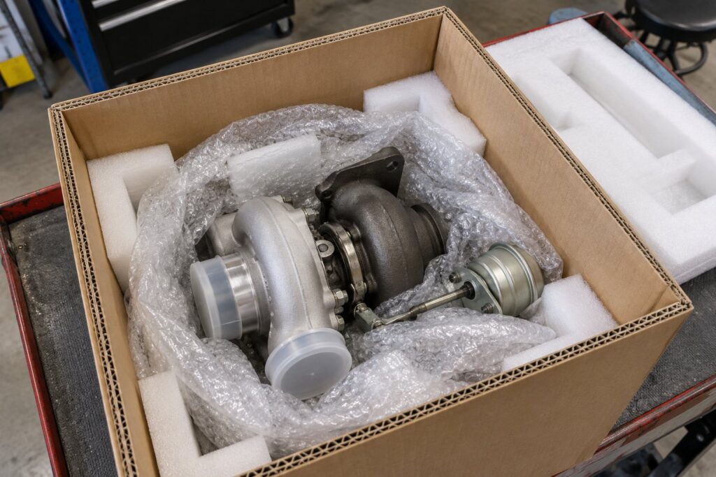 How to Pack and Ship a Turbocharger for Rebuild: Step-by-Step Guide 2 Turbocharger core wrapped in bubble wrap and secured inside a double-wall shipping box with dense foam blocks