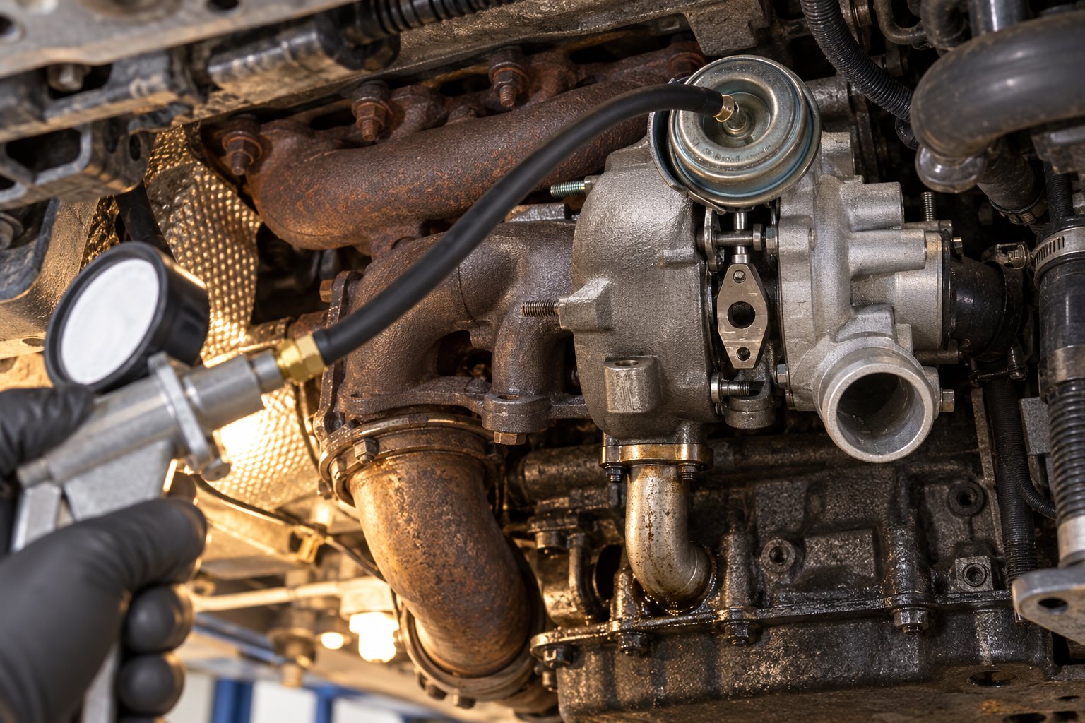 Garrett Motion Turbochargers: Company History & What the Restructuring Means for Parts 3 Vacuum pump connected to the GT1749V actuator beneath a Volkswagen 1.9L TDI ALH engine