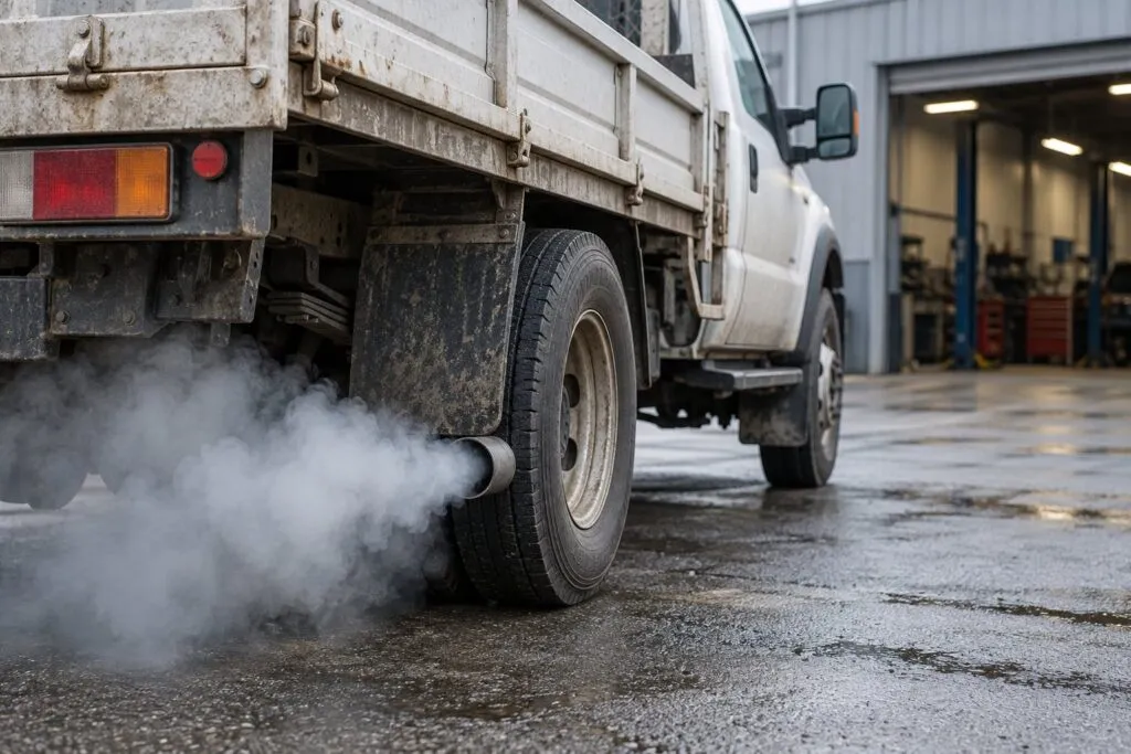 White Smoke from Diesel Engine: Is It the Turbocharger, Head Gasket or Injector? 18 White exhaust from a diesel truck parked outside a repair shop for diagnosis